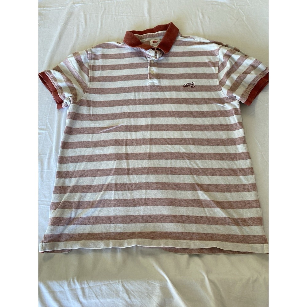 Levi Strauss Mens Polo Shirt XL Red White Faded Stripe Short Sleeve Cotton Pique